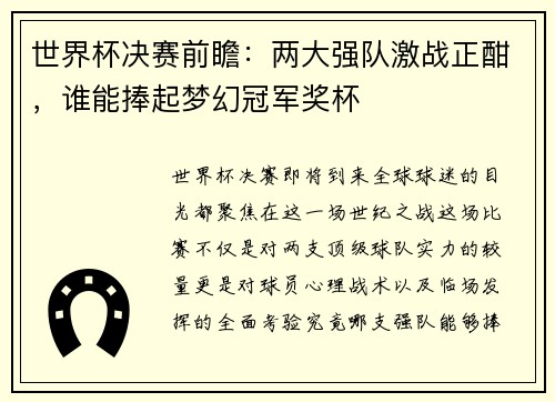 世界杯决赛前瞻：两大强队激战正酣，谁能捧起梦幻冠军奖杯